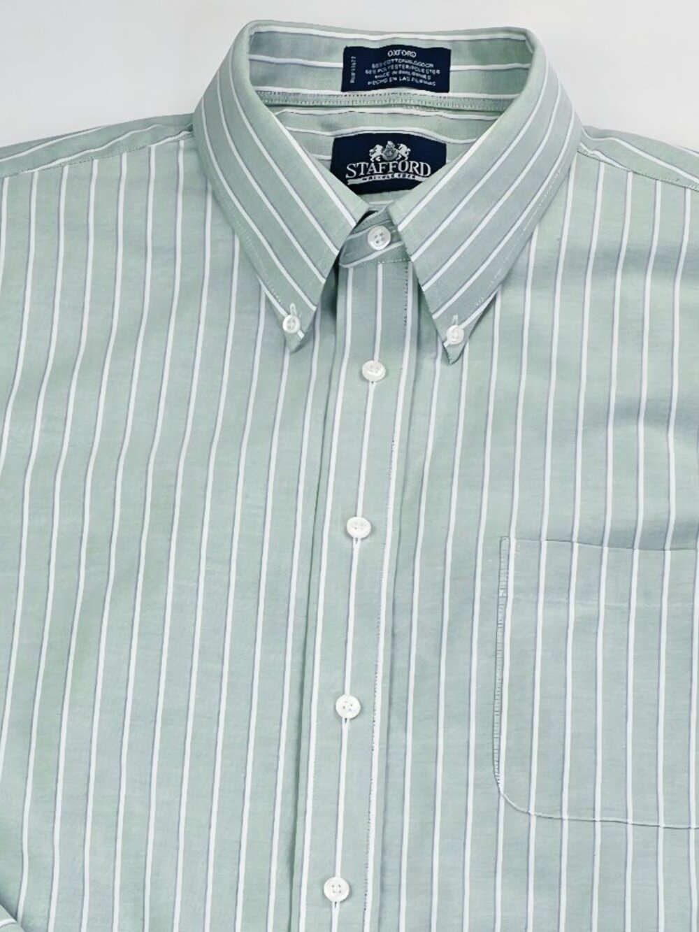 Stafford Wrinkle Free Oxford Green White Blue Stripe Mens Size 18 34-35 Shirt